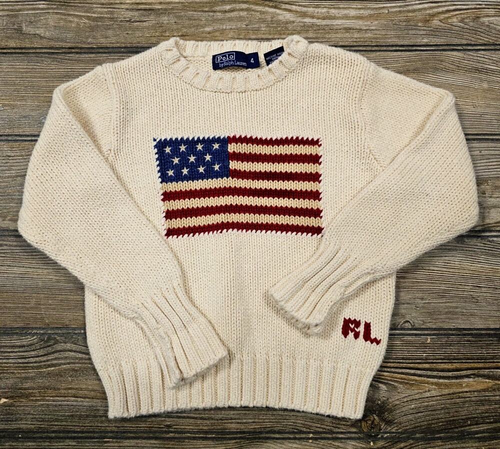 VTG Polo Ralph Lauren Big American Flag Cream Made In Hong Kong Youth Size 4